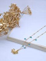 Collier doré femme fleur turquoise style bohème chic – Image 2