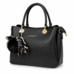 Sac à main noir grainé avec pompon et foulard femme – Image 2