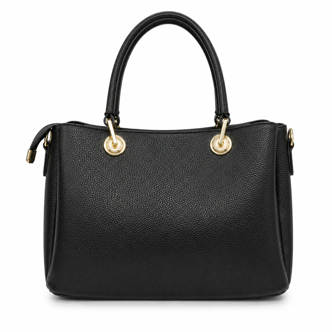 Sac à main noir effet grainé vu de dos avec anses arrondies et attaches dorées