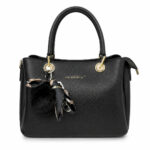 Sac à main noir grainé avec pompon et foulard femme – Image 5