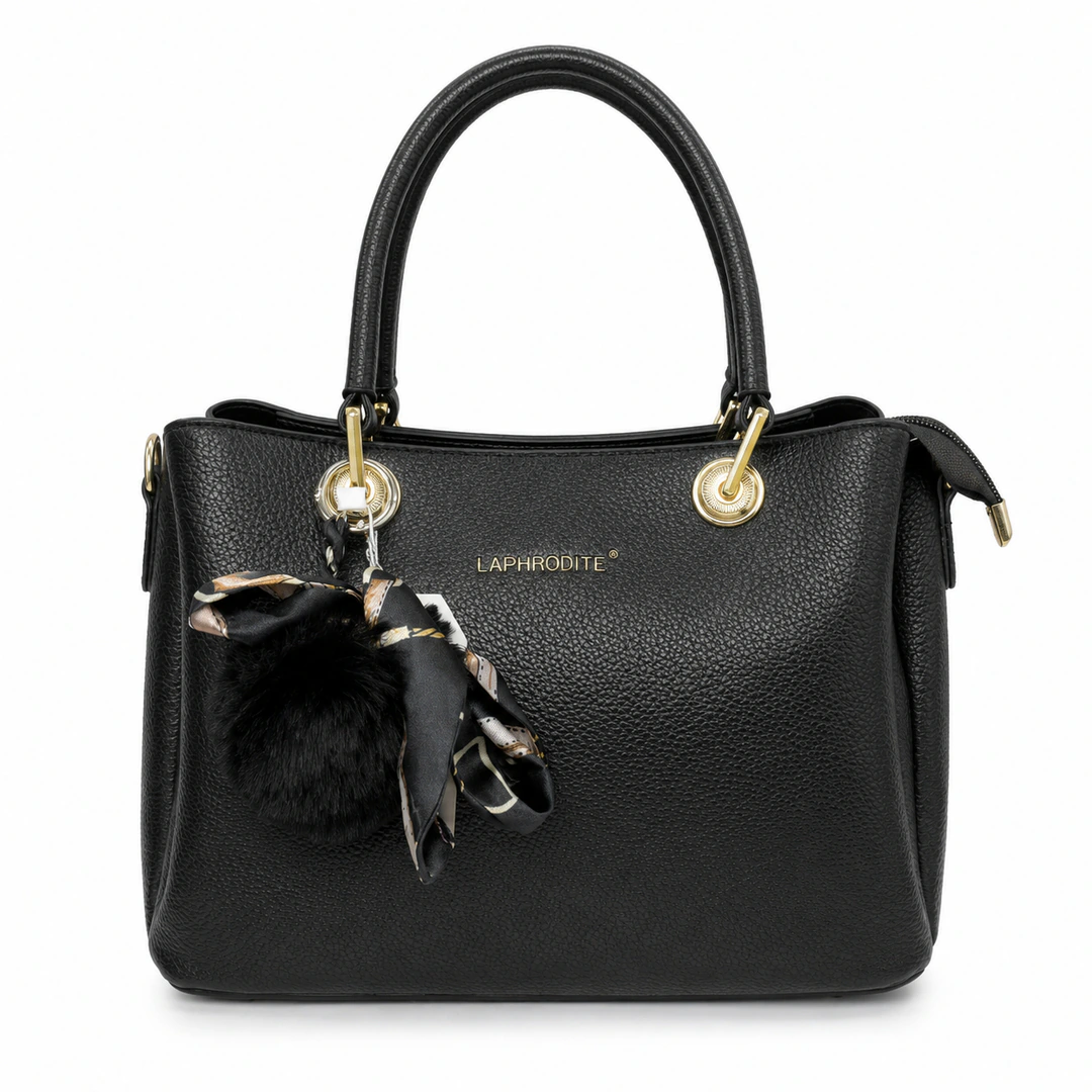 Sac à main femme noir effet grainé avec pompon duveteux et foulard noué, attaches dorées