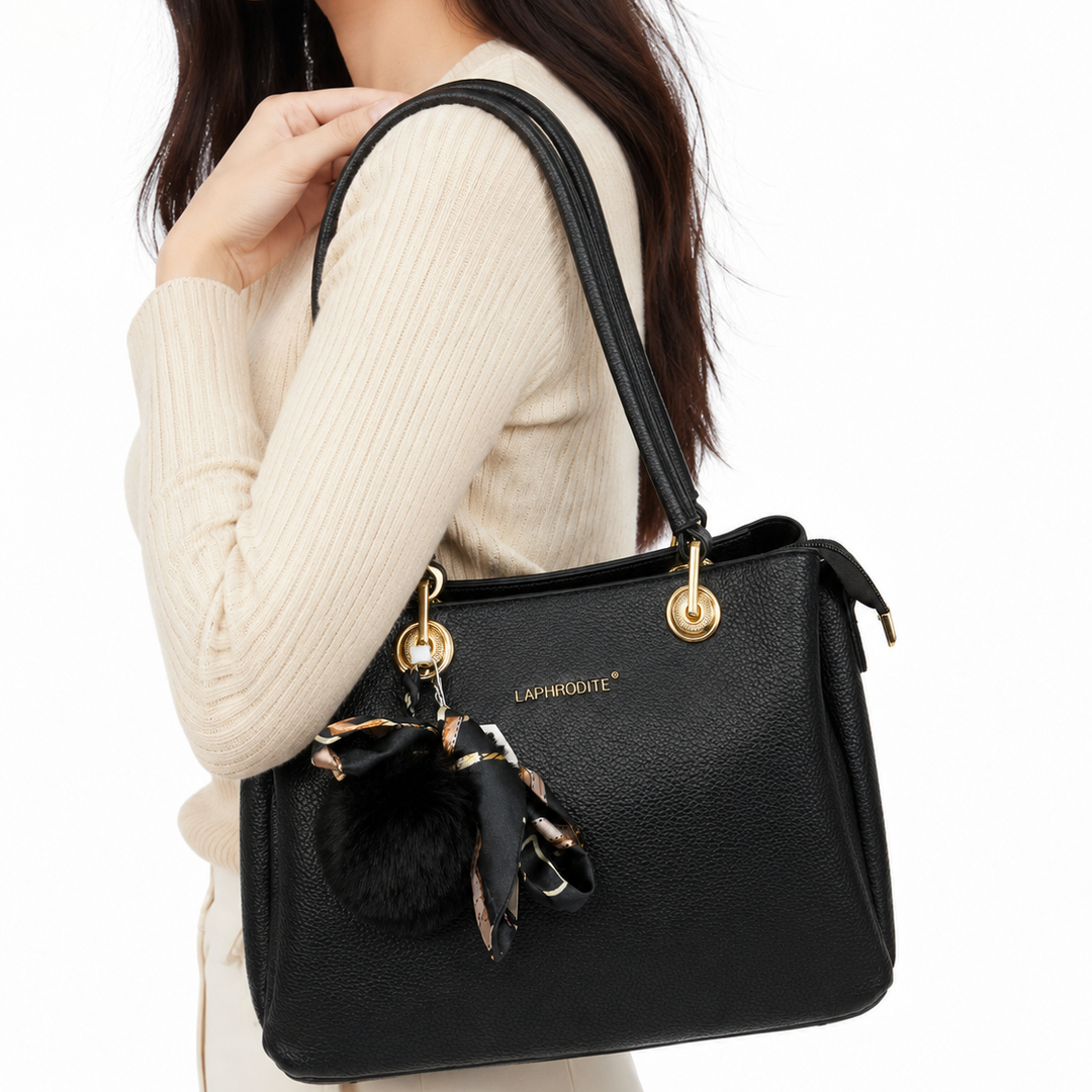 LV-SC-01 Sac à main noir grainé avec pompon et foulard femme – Image 1