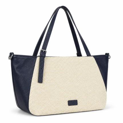 Sac cabas femme bleu marine et beige effet tressé avec anses longues et boucle argentée