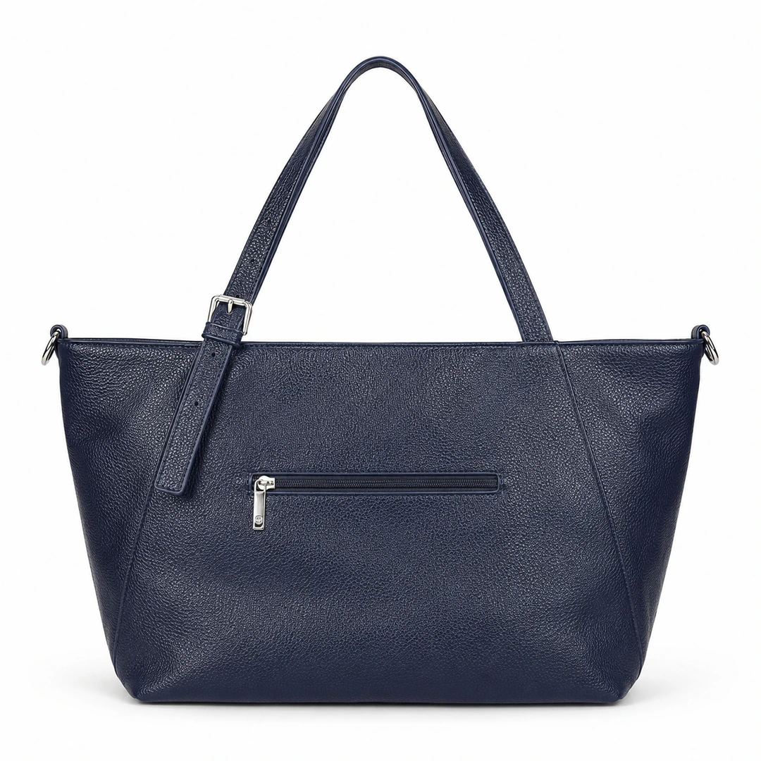 Sac cabas bleu marine vu de dos avec poche extérieure zippée et anses longues
