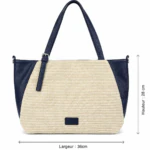 Dimensions du sac cabas bleu marine et beige effet tressé : hauteur 28 cm et largeur 36 cm