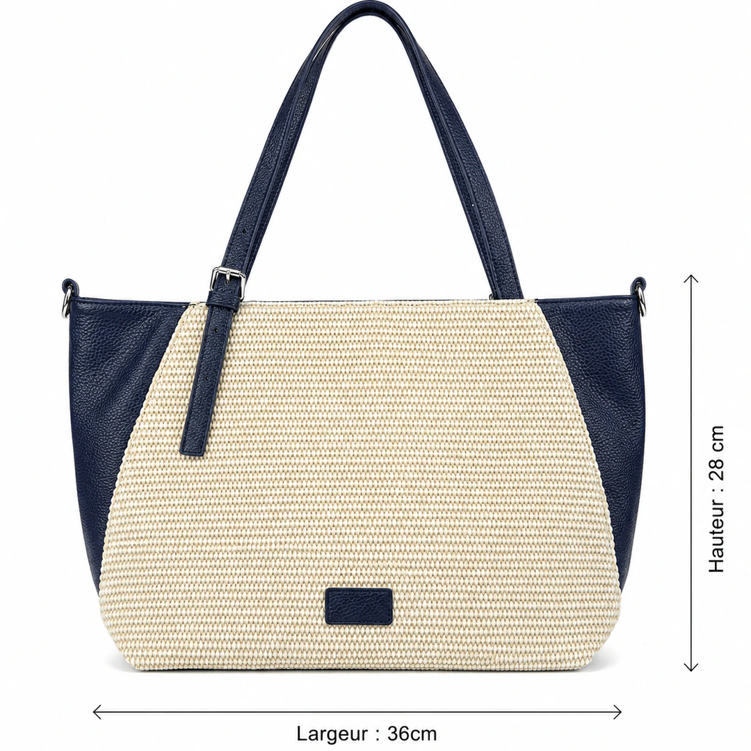 Dimensions du sac cabas bleu marine et beige effet tressé : hauteur 28 cm et largeur 36 cm