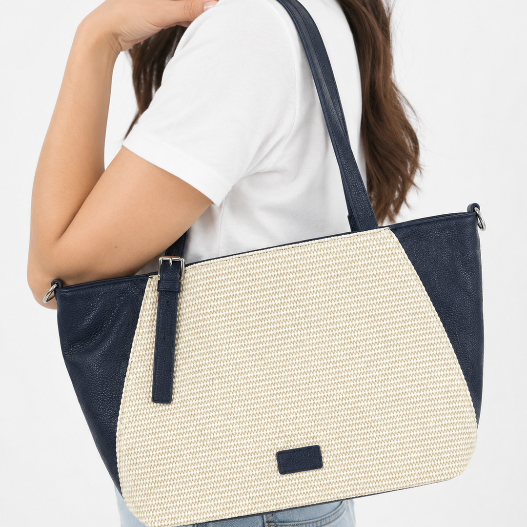 LV-SC-02 Sac cabas femme bleu marine et beige effet tressé chic – Image 1