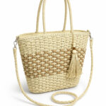 Sac panier femme beige et camel effet tressé avec pompon – Image 2