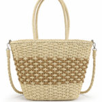 Sac panier femme beige et camel effet tressé avec pompon – Image 3