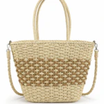 Sac panier effet tressé vu de dos, bande camel à motif losange et fine bandoulière tressée