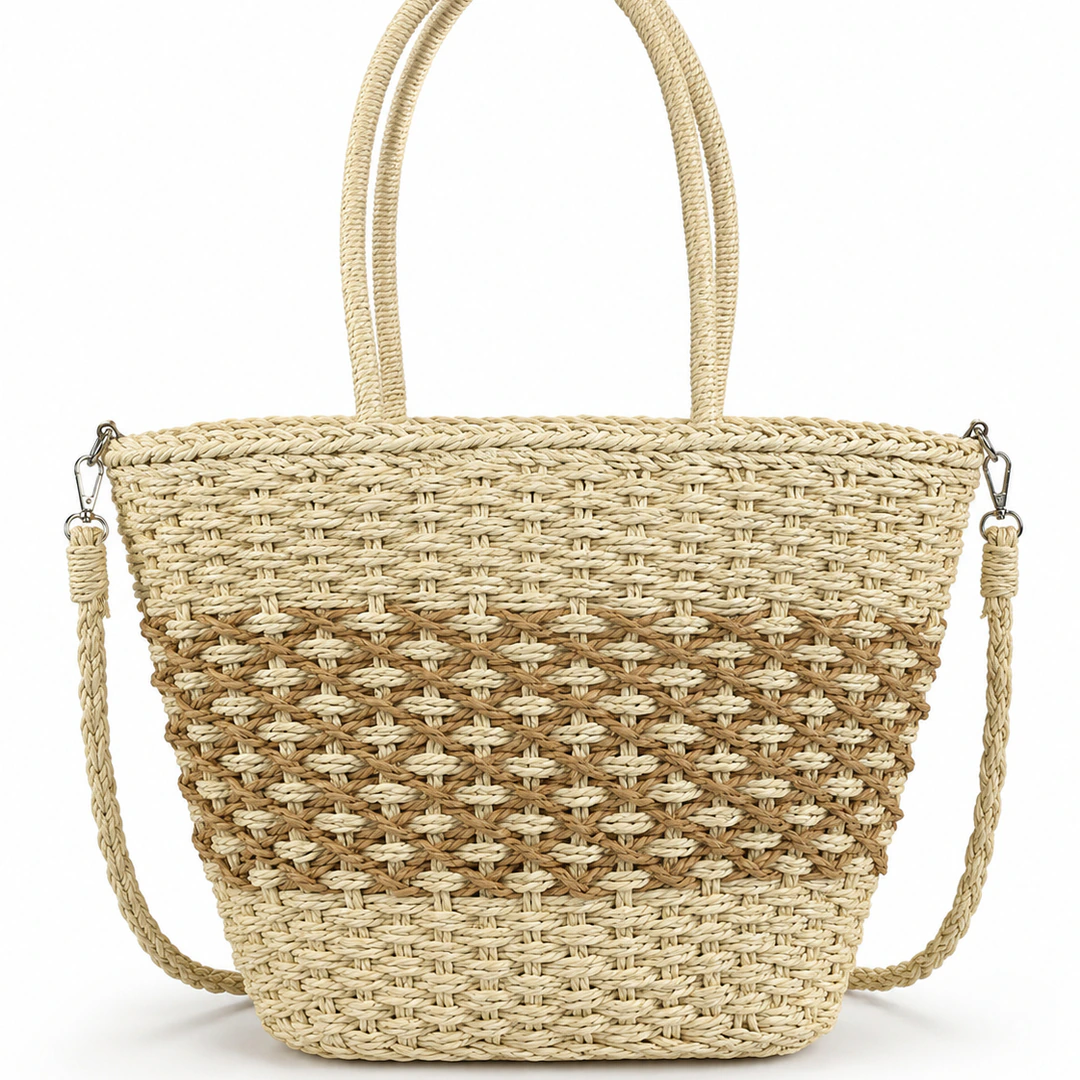 Sac panier effet tressé vu de dos, bande camel à motif losange et fine bandoulière tressée