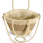 Sac panier femme beige et camel effet tressé avec pompon – Image 4