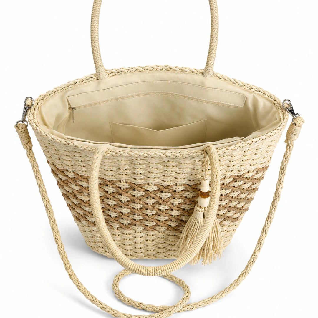Sac panier ouvert vu de dessus : doublure beige, poche zippée et poche plaquée intérieures