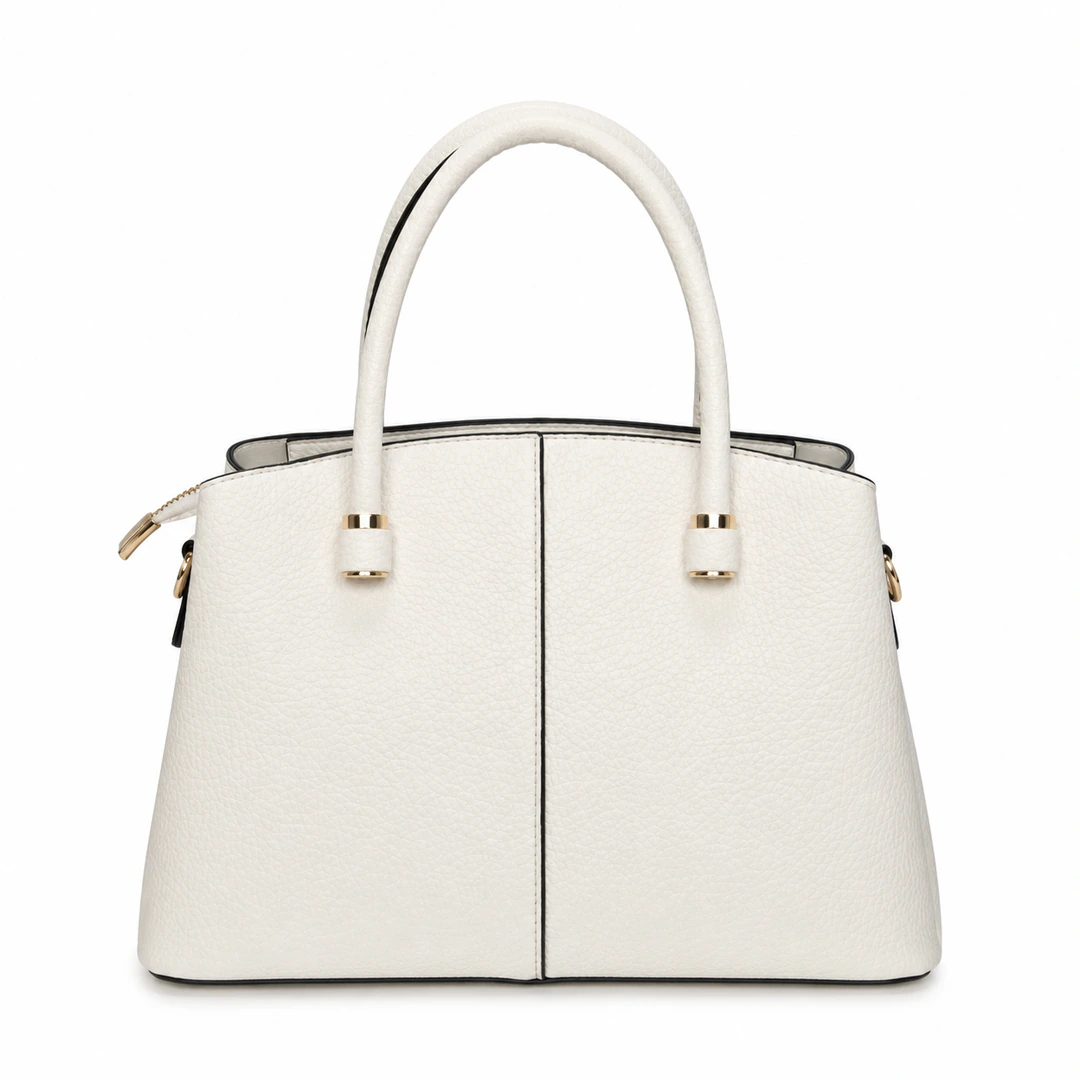 Sac à main blanc effet grainé vu de dos avec couture centrale et anses arrondies