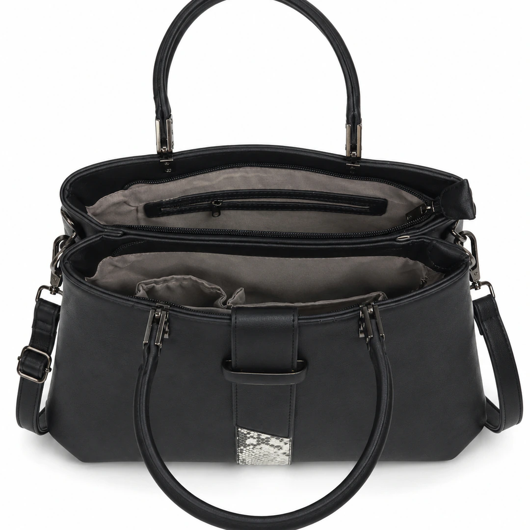 Sac à main noir ouvert vu de dessus : compartiments, poche zippée et doublure grise