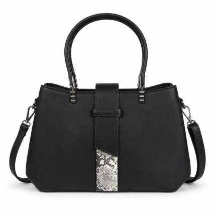 Sac à main femme noir à patte centrale avec détail argenté effet serpent et bandoulière