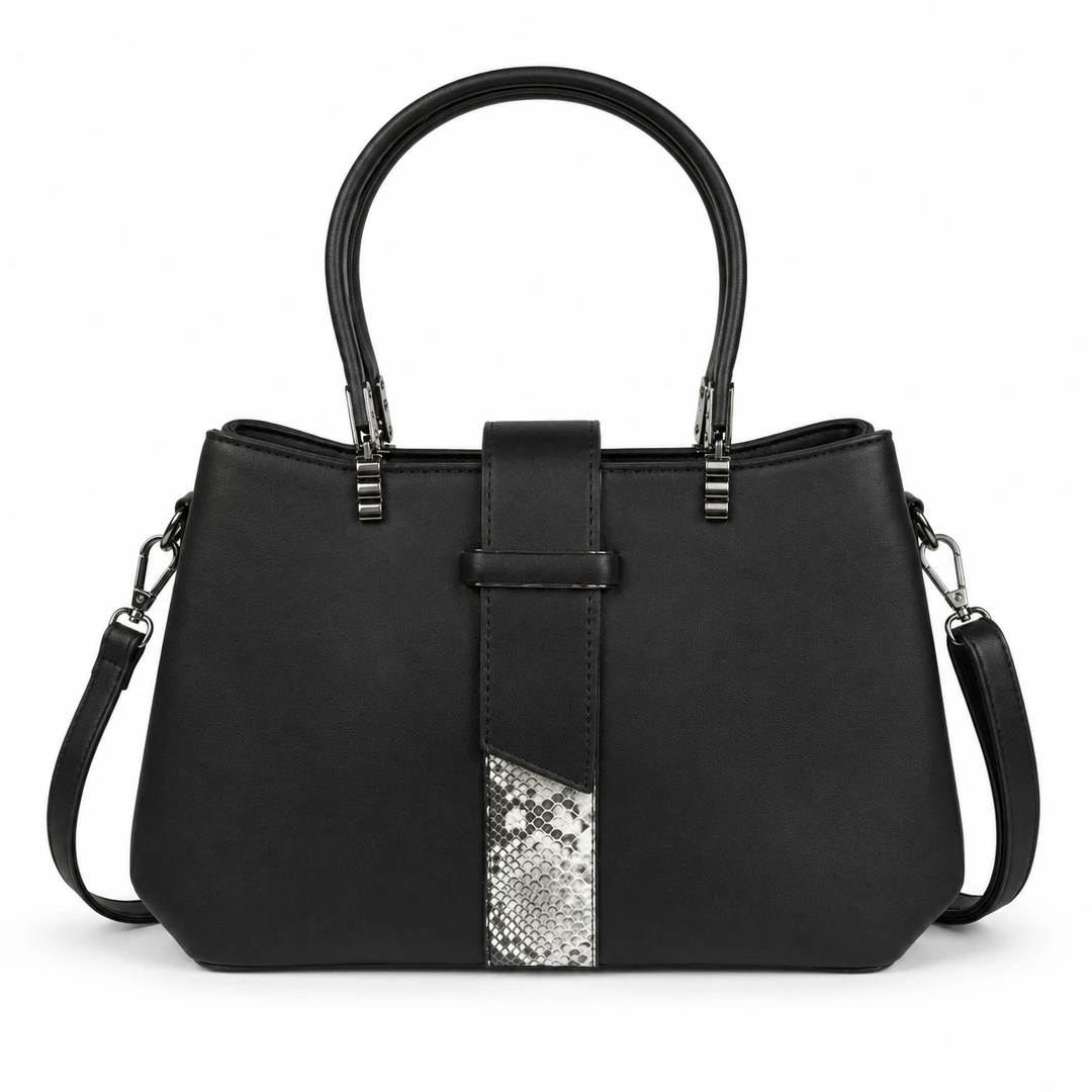Sac à main femme noir à patte centrale avec détail argenté effet serpent et bandoulière