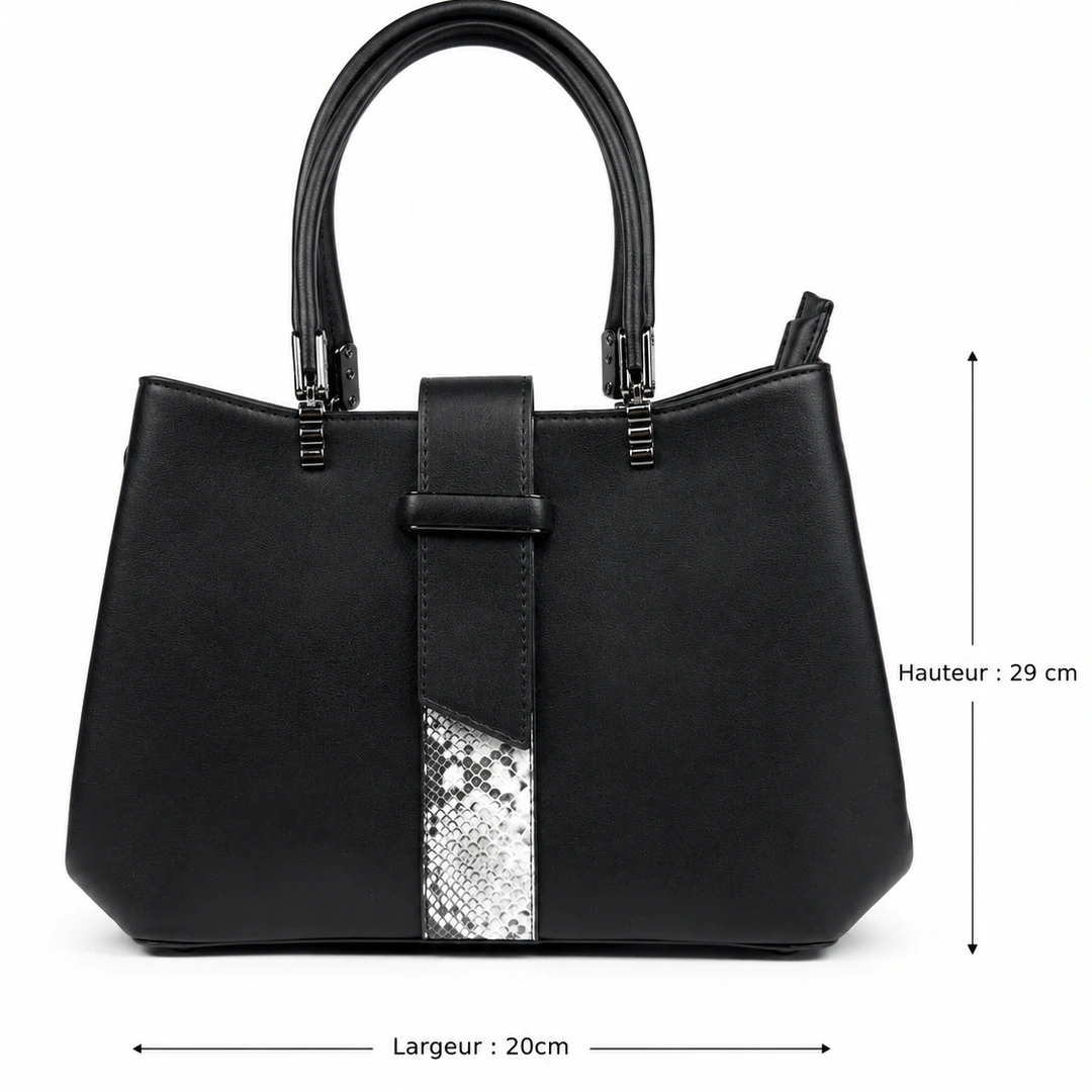 Sac à main noir à empiècement effet serpent vu de face avec flèches de cotes hauteur et largeur