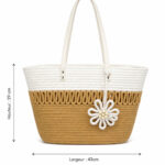 Sac cabas de plage beige et blanc avec fleur femme – Image 3