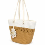 Sac cabas de plage beige et blanc avec fleur femme – Image 4