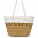 Sac cabas de plage beige et blanc avec fleur femme – Image 6