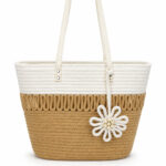 Sac cabas de plage beige et blanc avec fleur femme – Image 2