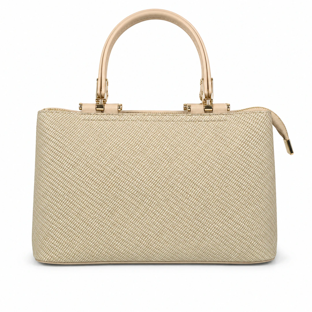 Dos du sac à main beige effet tressé à reflets dorés avec anses arrondies