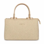 Sac à main femme beige effet tressé avec anses arrondies et finitions dorées, vue de face