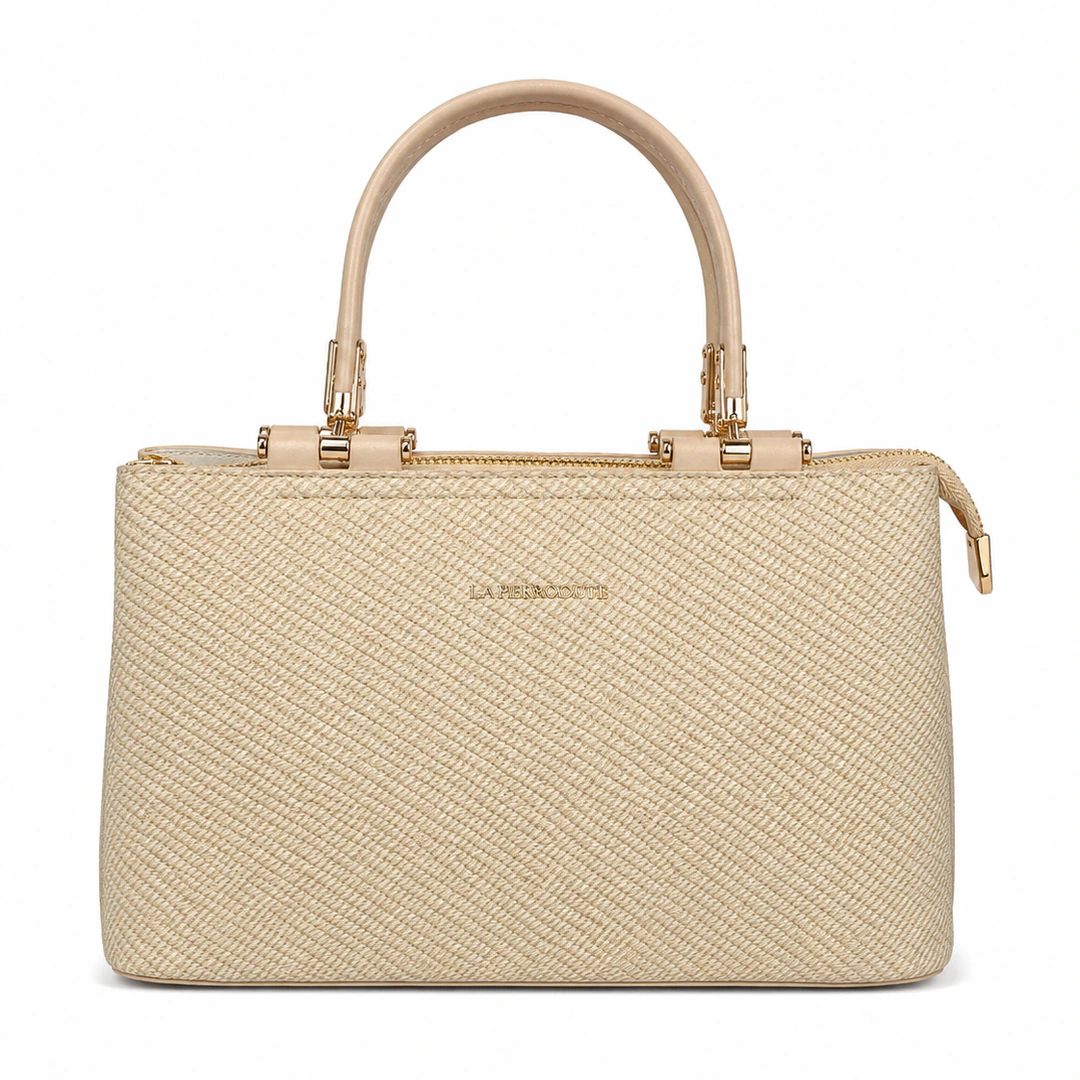 Sac à main femme beige effet tressé avec anses arrondies et finitions dorées, vue de face