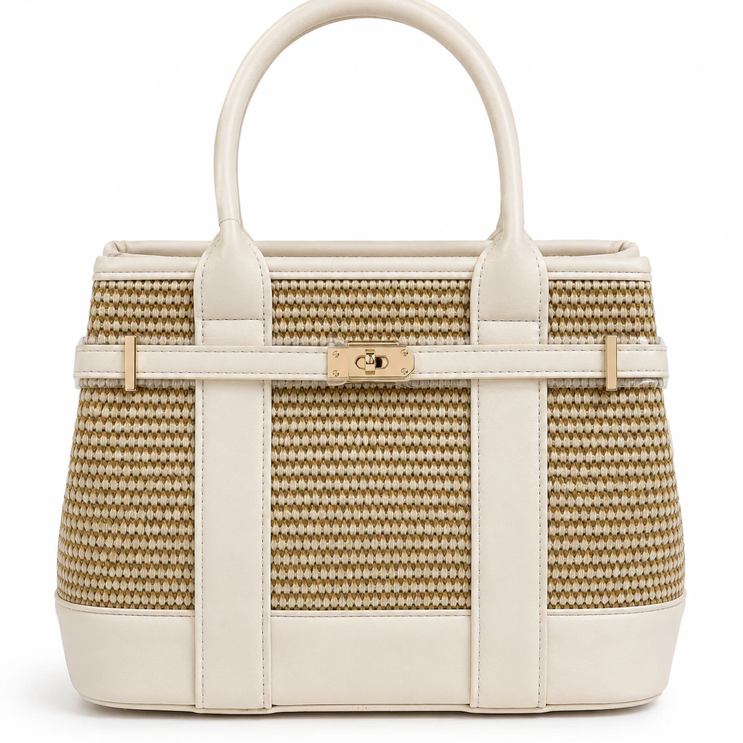 Sac à main beige effet tressé vu de face, bandes crème et fermoir doré au centre