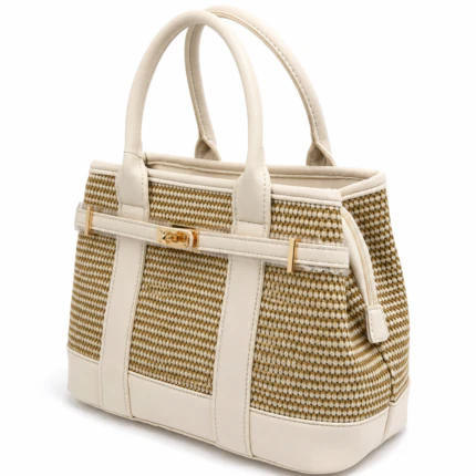 Sac à main femme beige effet tressé avec ceinture crème et fermoir tournant doré