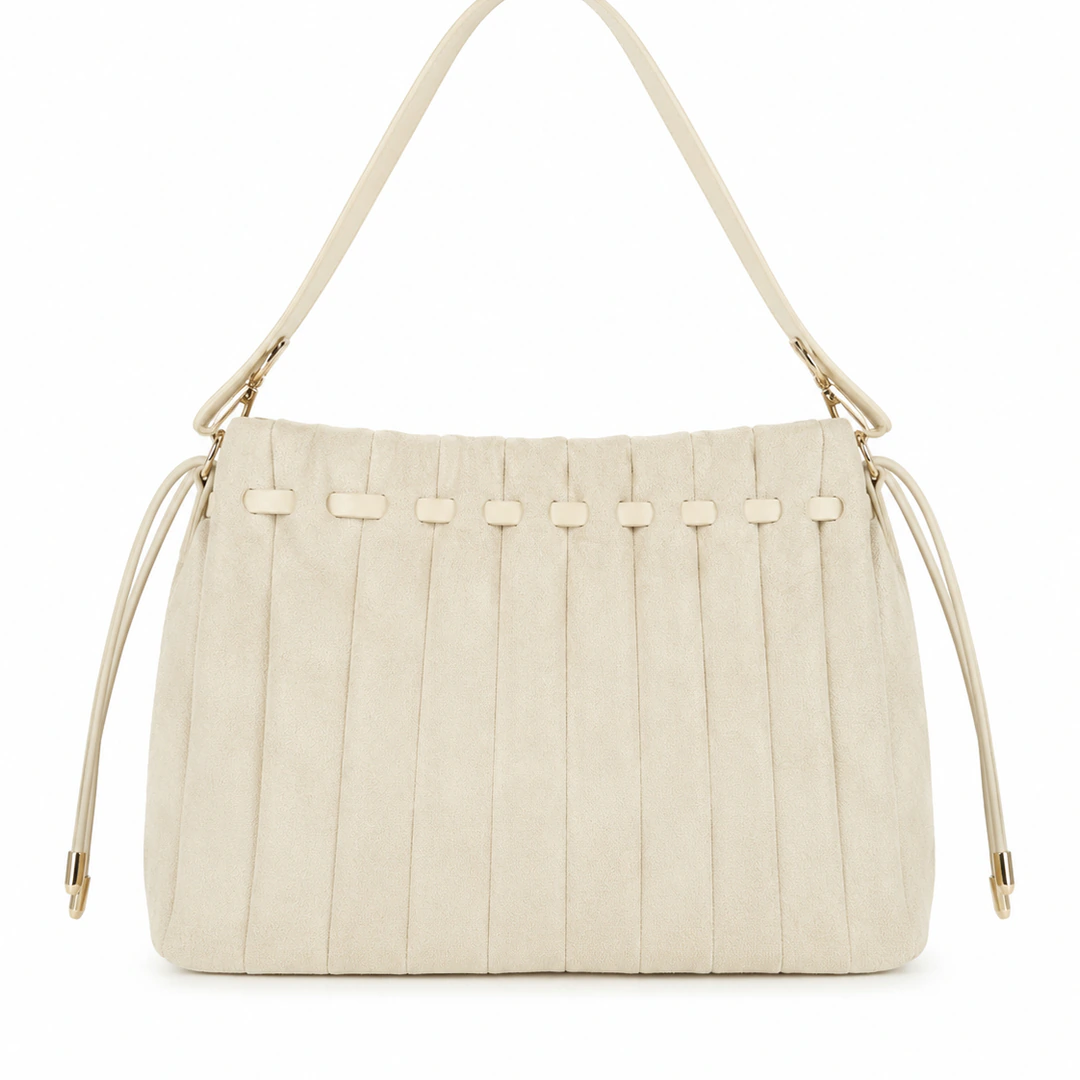 Dos du sac épaule beige plissé avec passants crème alignés et cordons latéraux