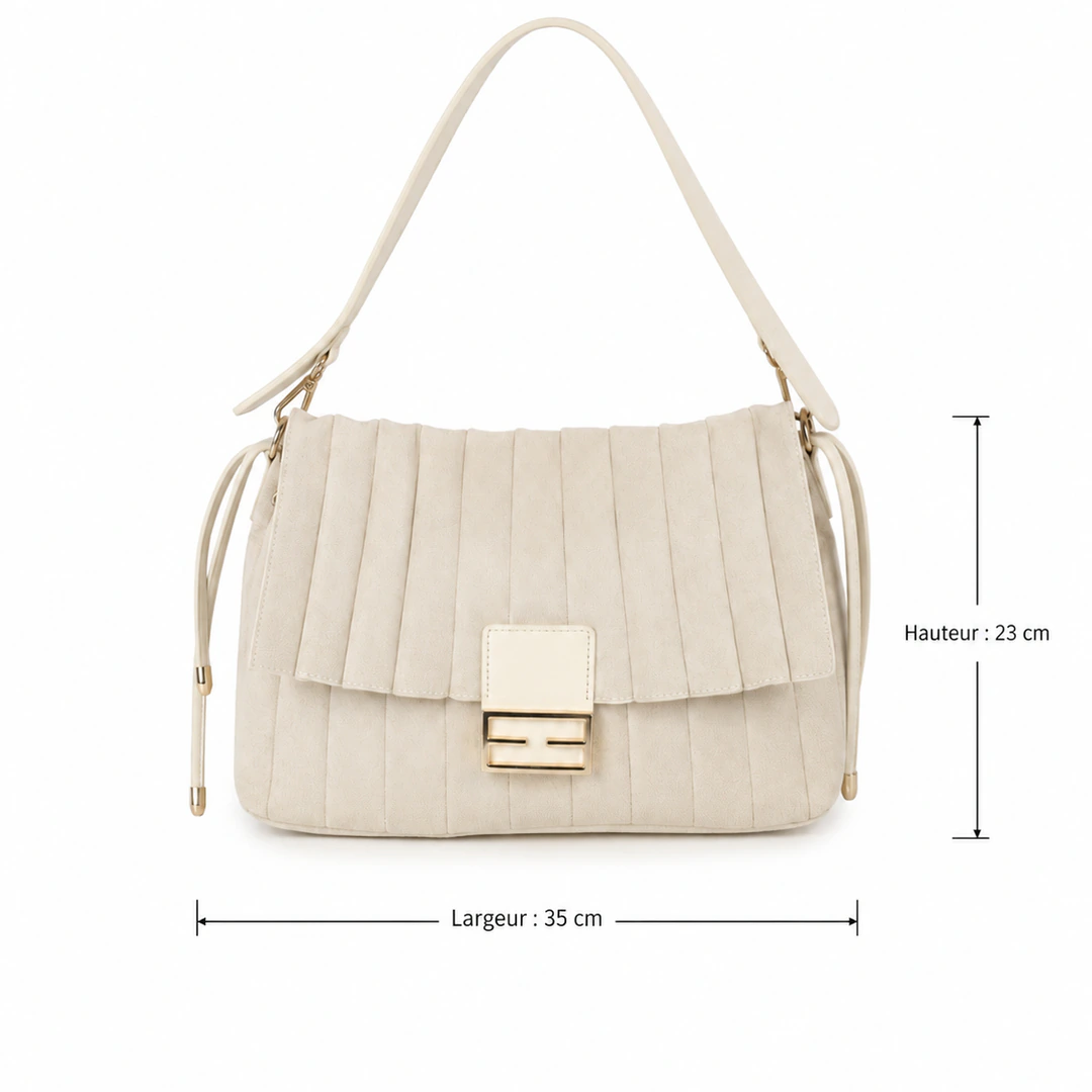 Dimensions du sac épaule beige plissé à fermoir doré : hauteur 23 cm et largeur 35 cm