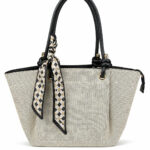 Sac cabas femme beige texturé avec foulard noir chic – Image 2