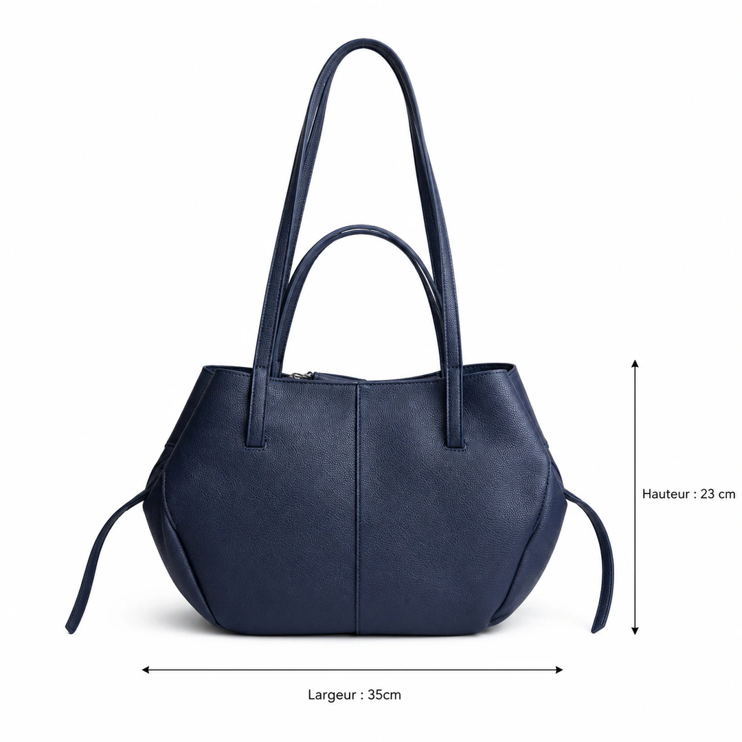 Dimensions du sac cabas bleu marine effet grainé : hauteur 23 cm et largeur 35 cm