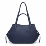 Sac cabas bleu marine zippé vu de face, liens latéraux noués et couture centrale