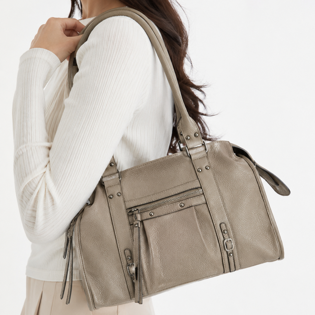 LV-SC-12 Sac à main taupe effet grainé avec détails zippés femme – Image 1