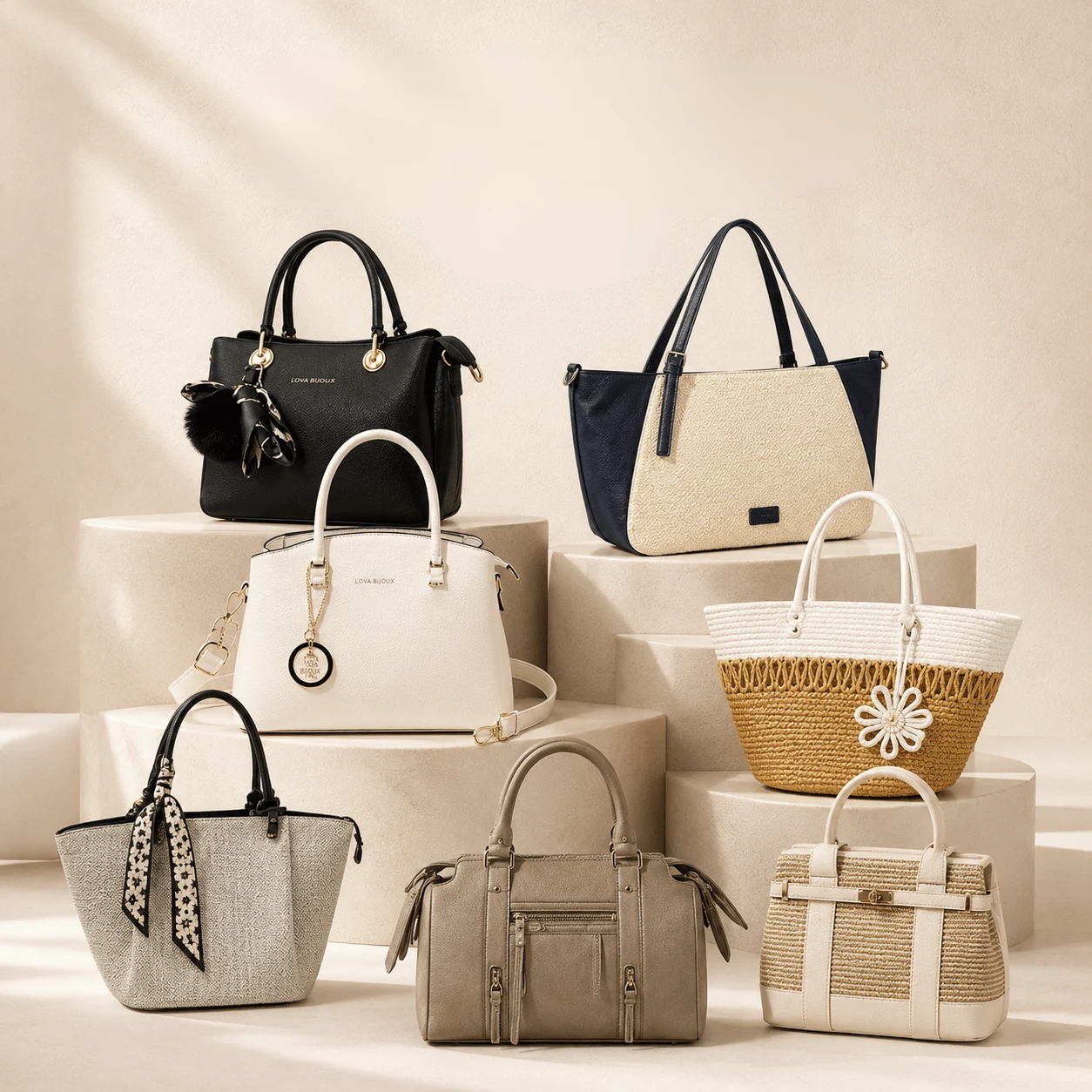 Sélection de sacs à main femme : sacs noirs, beiges et sacs en paille tressée