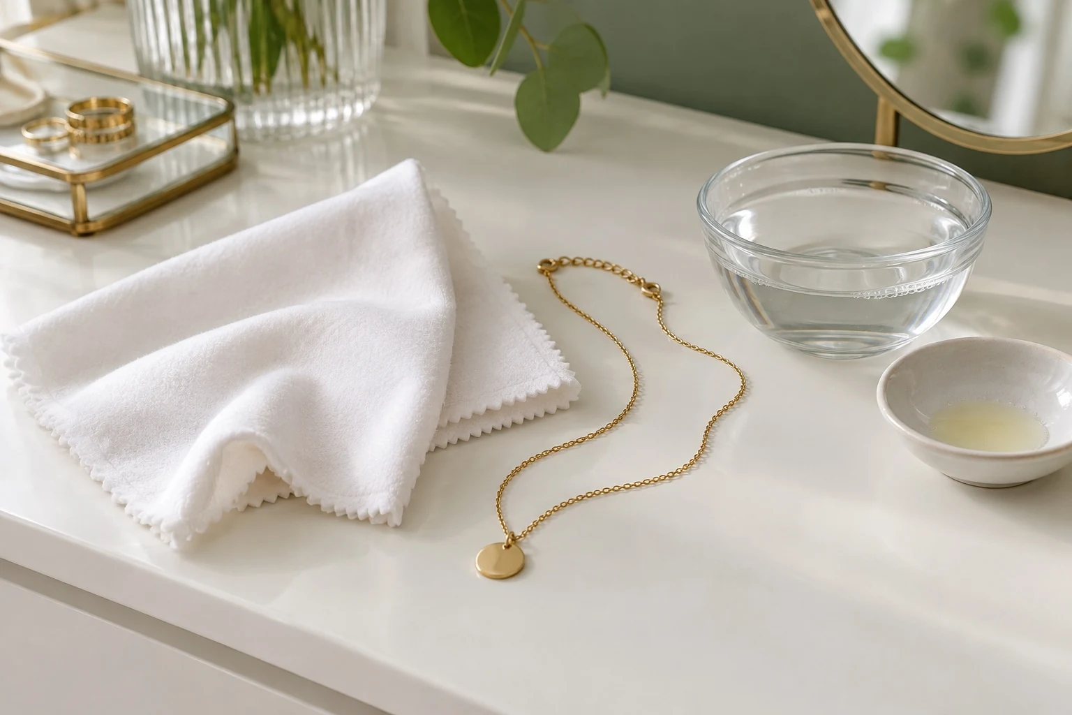 Collier doré posé près d'un chiffon doux et d'un bol d'eau pour un entretien délicat