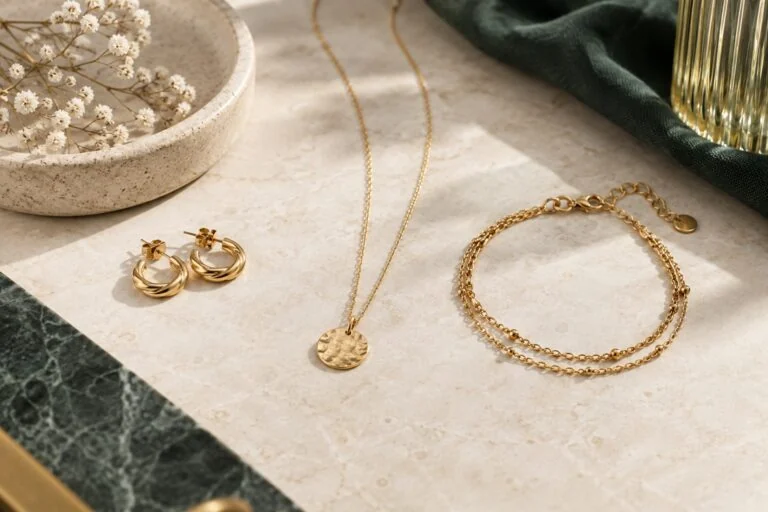 Collier, bracelet et créoles dorés en acier inoxydable