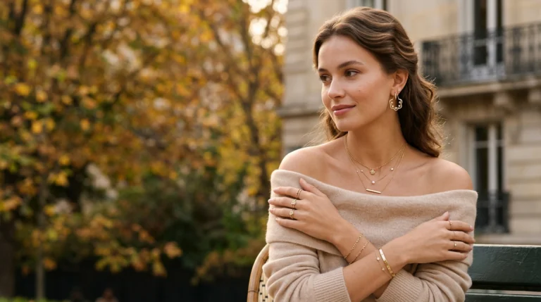 Femme portant des bijoux dorés superposés en automne