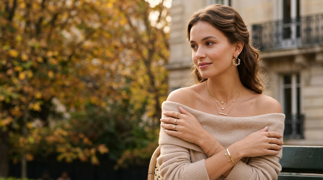 Woman wearing layered gold jewelry and beige sweater outdoors in autumn